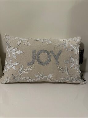 JOY Embroidered Holiday Pillow in Beige with Silver Accents